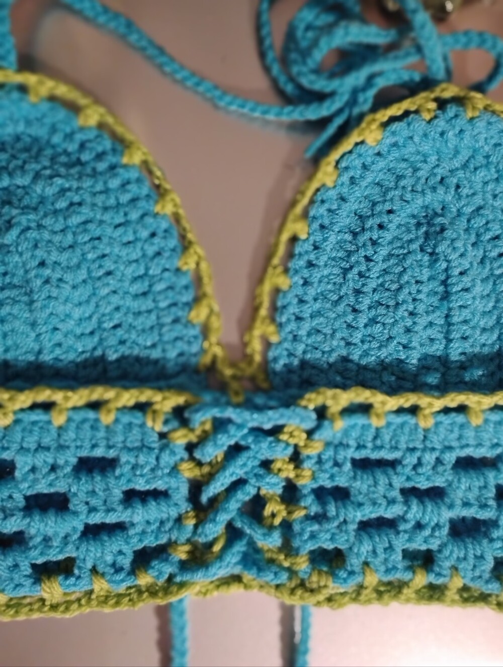 Handmade Crochet Bralette - Turquoise with Lime Trim - Picture 11 of 11